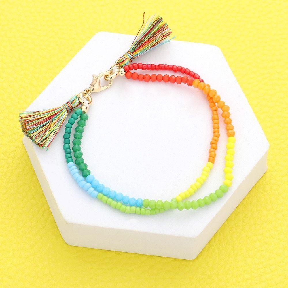 New Womens Boutique Pride Multi-Color Rainbow Colorful Beaded Tassel Bracelet